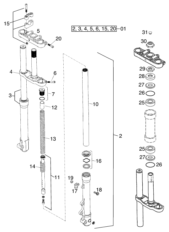 Sprängskiss: Front Fork, Triple Clamp – KTM 60 SX 2000
