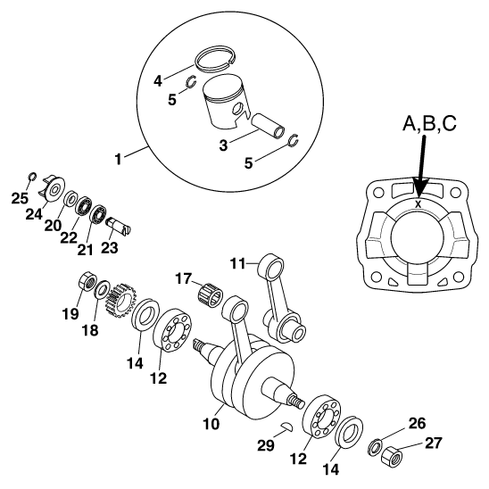 Sprängskiss: Crankshaft, Piston – KTM 65 SX 2000
