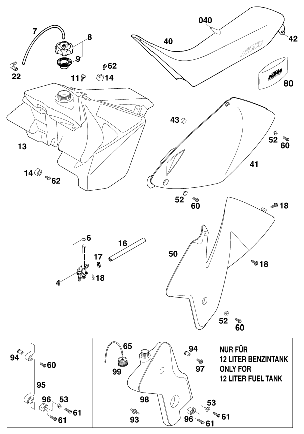Sprängskiss: Tank, Seat – KTM 380 EXC 2000