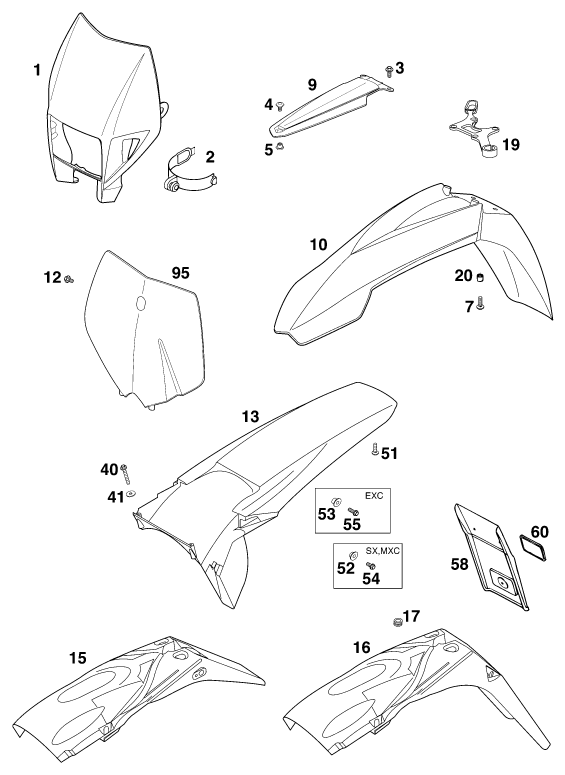 Sprängskiss: Mask, Fenders – KTM 380 EXC 2000