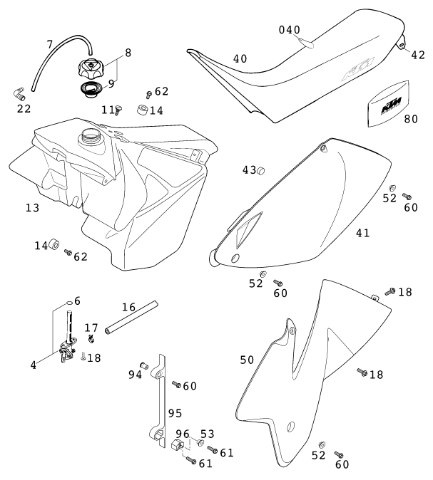 Sprängskiss: Tank, Seat – KTM 125 EXE 100 2000