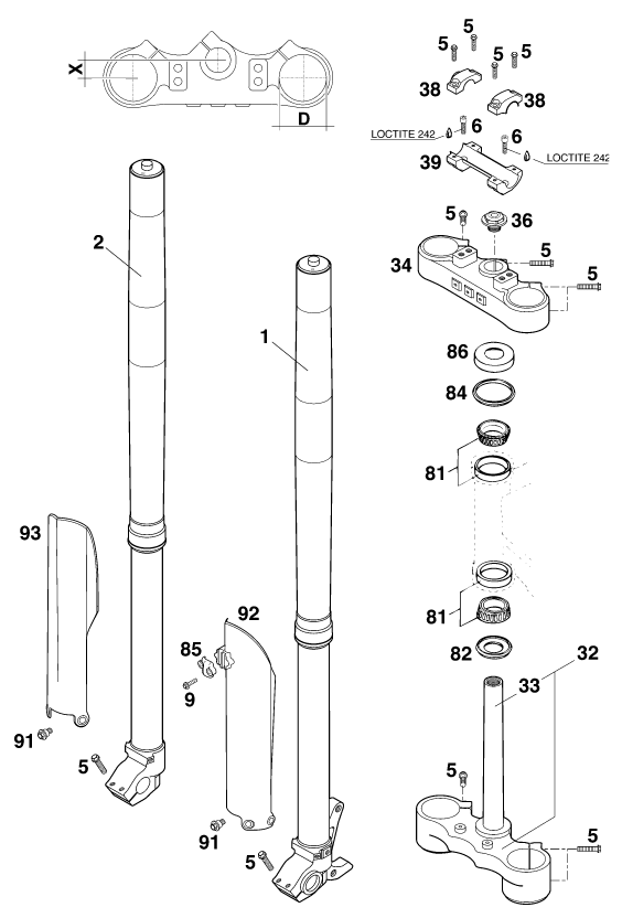 Sprängskiss: Front Fork, Triple Clamp – KTM 620 SC 2000