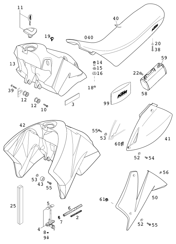 Sprängskiss: Tank, Seat – KTM 640 LC4-E SILBER/18,5Lt 2000