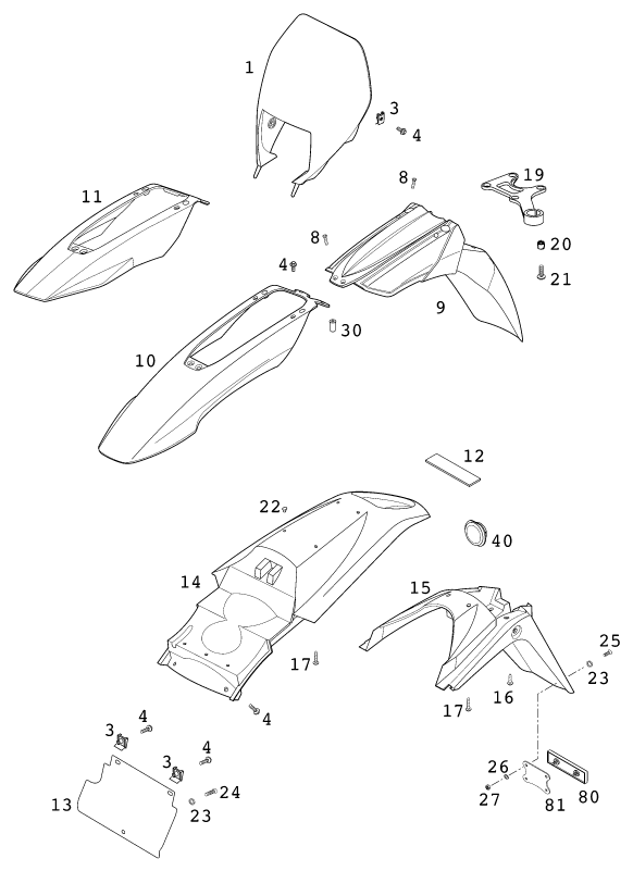 Sprängskiss: Mask, Fenders – KTM 640 LC4-E SILBER/18,5Lt 2000