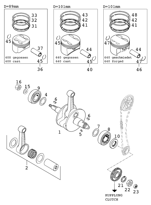 Sprängskiss: Crankshaft, Piston – KTM 640 DUKE II LIME 2000