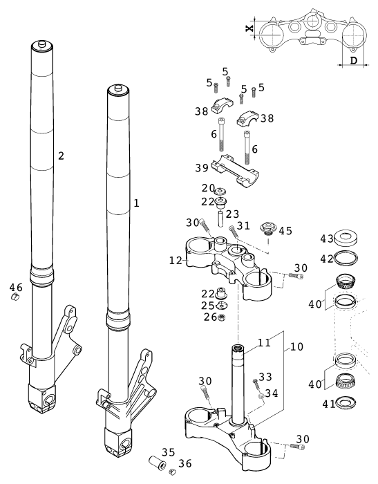Sprängskiss: Front Fork, Triple Clamp – KTM 640 DUKE II LIME 2000