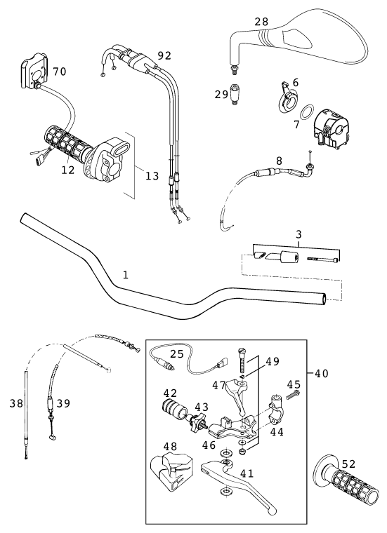 Sprängskiss: Handlebar, Controls – KTM 640 DUKE II LIME 2000