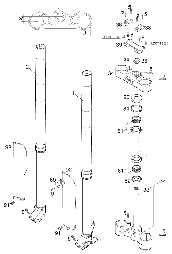 Sprängskiss: Front Fork, Triple Clamp – KTM 520 SX RACING 2000