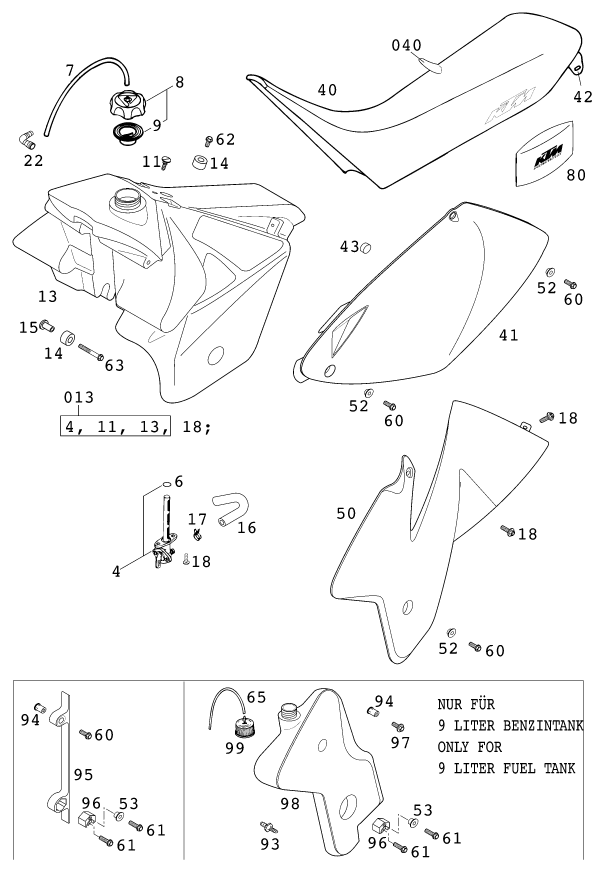 Sprängskiss: Tank, Seat – KTM 520 SX RACING 2000