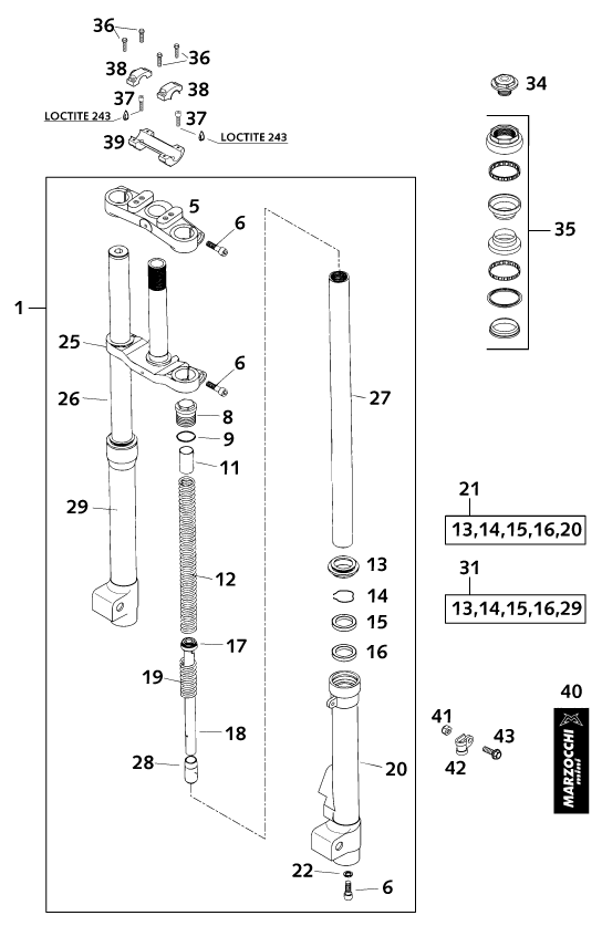 Sprängskiss: Front Fork, Triple Clamp – KTM 50 SX PRO SENIOR LC 2001