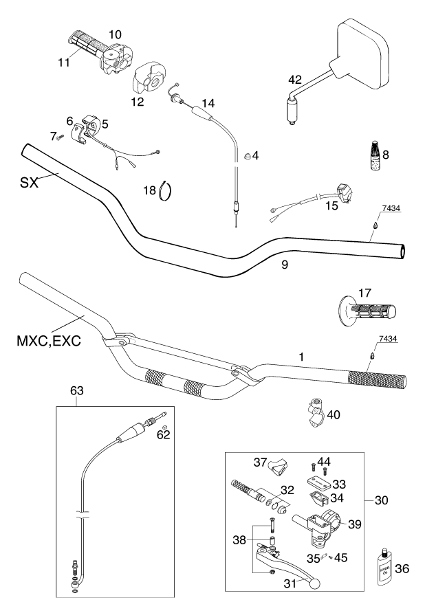 Sprängskiss: Handlebar, Controls – KTM 125 EXC SIX-DAYS 2001