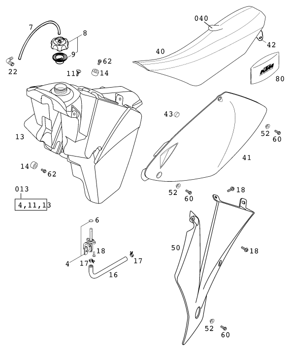 Sprängskiss: Tank, Seat – KTM 125 EXC SIX-DAYS 2001