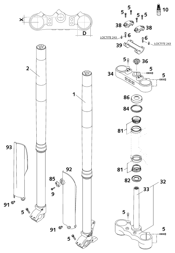 Sprängskiss: Front Fork, Triple Clamp – KTM 125 EXE 100 2001