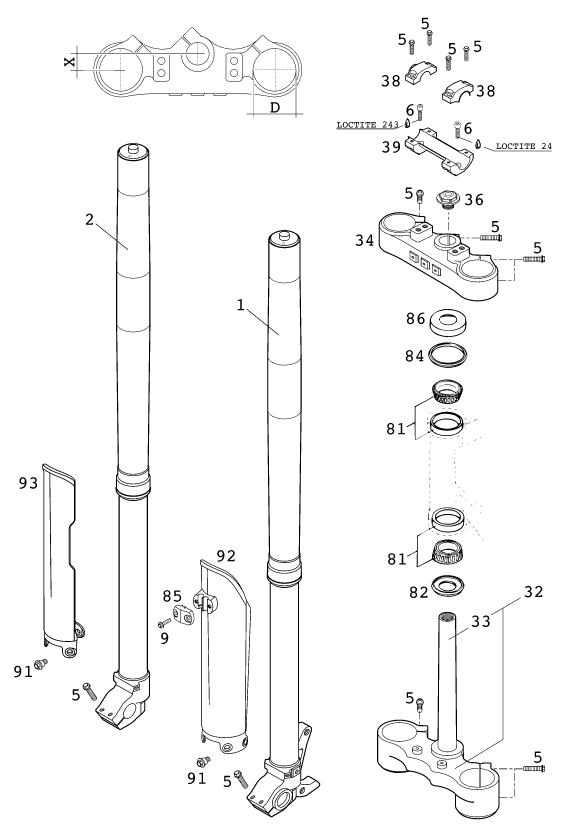 Sprängskiss: Front Fork, Triple Clamp – KTM 125 EXC SIX-DAYS 2001
