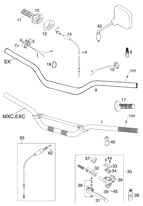 Sprängskiss: Handlebar, Controls – KTM 300 EXC SIX-DAYS 2001