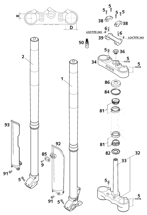 Sprängskiss: Front Fork, Triple Clamp – KTM 620 SC SUPER-MOTO 2001