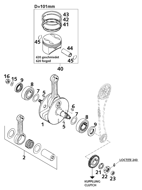 Sprängskiss: Crankshaft, Piston – KTM 620 SUP-COMP 20kW