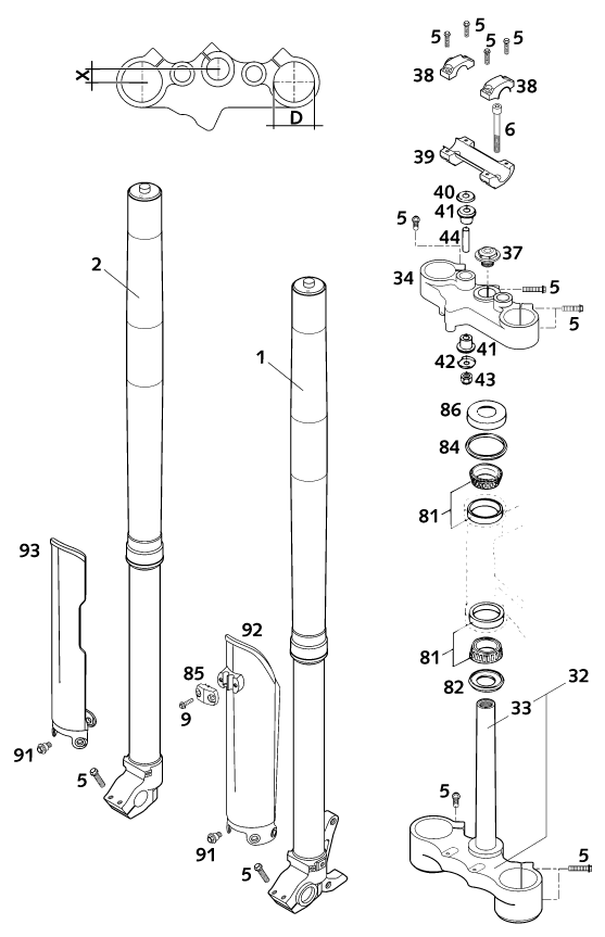 Sprängskiss: Front Fork, Triple Clamp – KTM 640 LC 4 2001