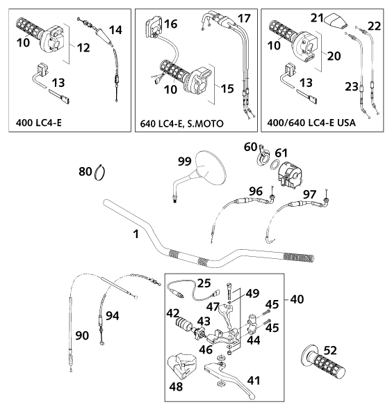 Sprängskiss: Handlebar, Controls – KTM 640 LC 4 2001