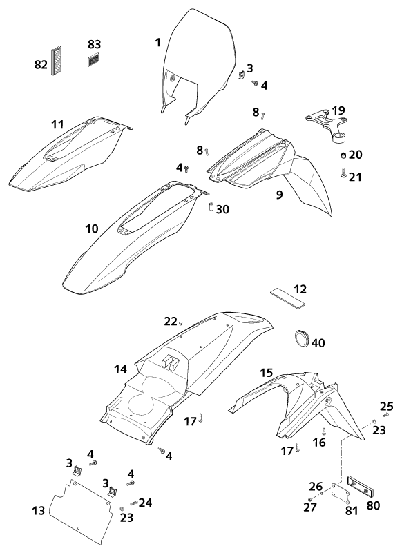 Sprängskiss: Mask, Fenders – KTM 640 LC 4 2001