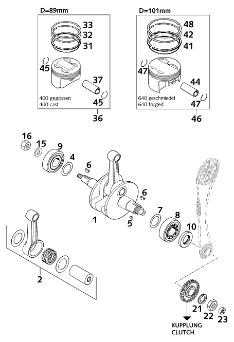 Sprängskiss: Crankshaft, Piston – KTM 640 DUKE II LIME 2000