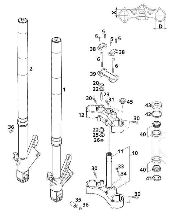 Sprängskiss: Front Fork, Triple Clamp – KTM 640 DUKE II LIME 2001