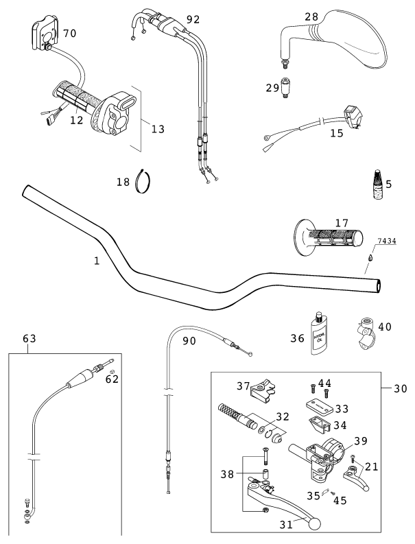 Sprängskiss: Handlebar, Controls – KTM 250 EXC RACING 2001