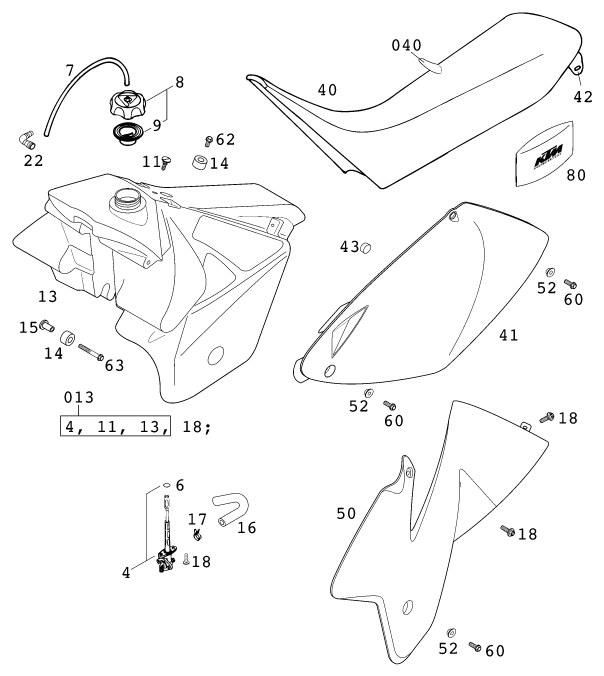 Sprängskiss: Tank, Seat – KTM 250 EXC RACING 2001