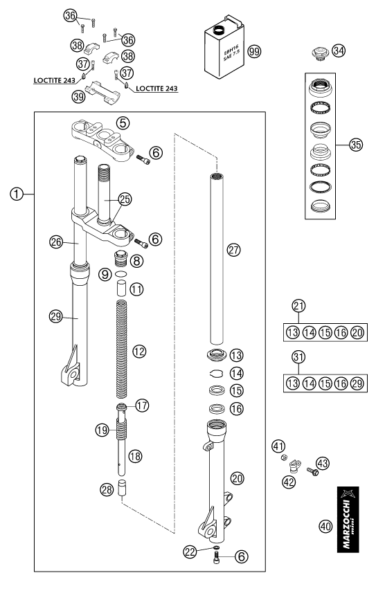 Sprängskiss: Front Fork, Triple Clamp – KTM 50 SX PRO SENIOR LC 2002