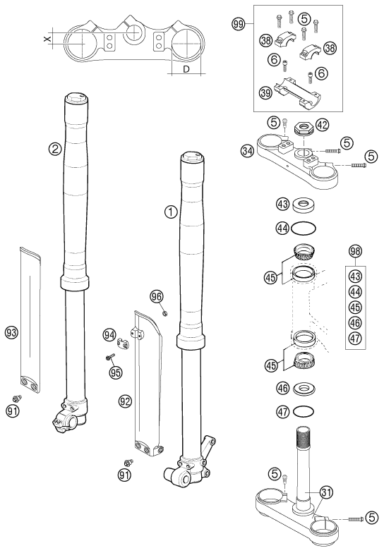 Sprängskiss: Front Fork, Triple Clamp – KTM 65 SX 2002