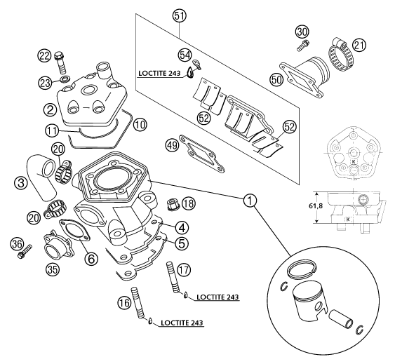 Sprängskiss: Cylinder, Cylinder Head – KTM 65 SX 2002