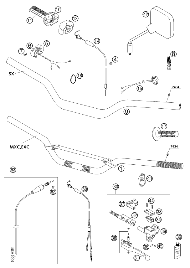 Sprängskiss: Handlebar, Controls – KTM 125 SXS 2002