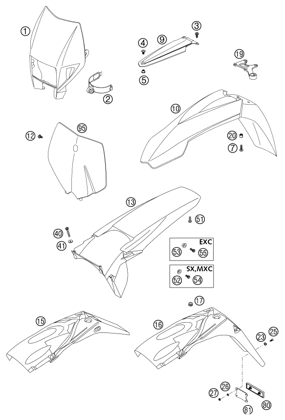 Sprängskiss: Mask, Fenders – KTM 380 EXC 2002