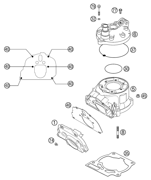 Sprängskiss: Cylinder, Cylinder Head – KTM 125 SXS 2002