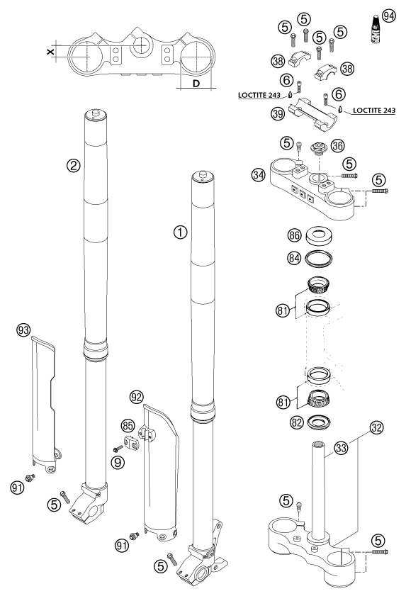 Sprängskiss: Front Fork, Triple Clamp – KTM 380 EXC 2002
