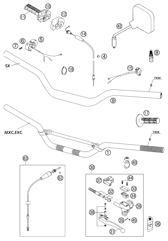 Sprängskiss: Handlebar, Controls – KTM 380 EXC 2002