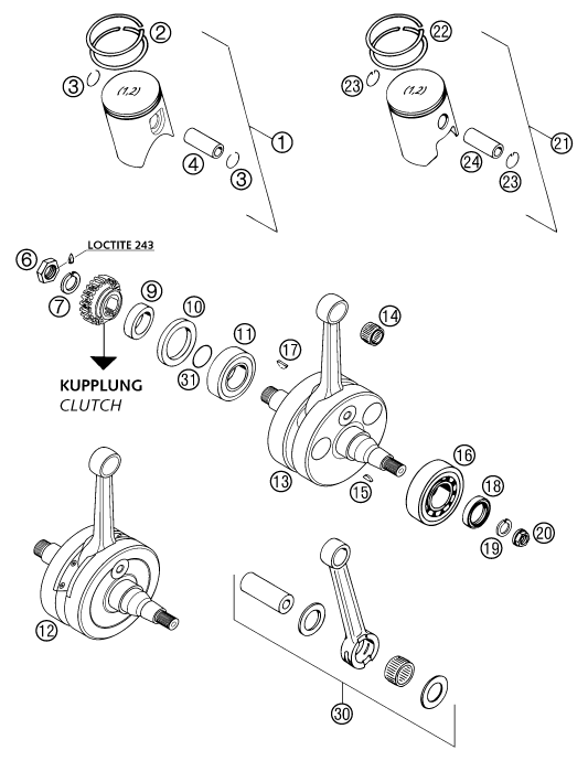 Sprängskiss: Crankshaft, Piston – KTM 380 SX 2002