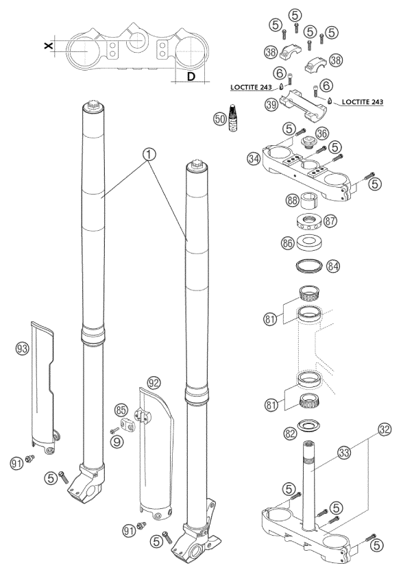 Sprängskiss: Front Fork, Triple Clamp – KTM 660 SM FACTORY REPLICA 2002