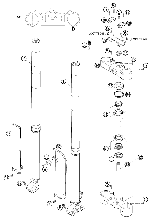 Sprängskiss: Front Fork, Triple Clamp – KTM 625 SC 2002