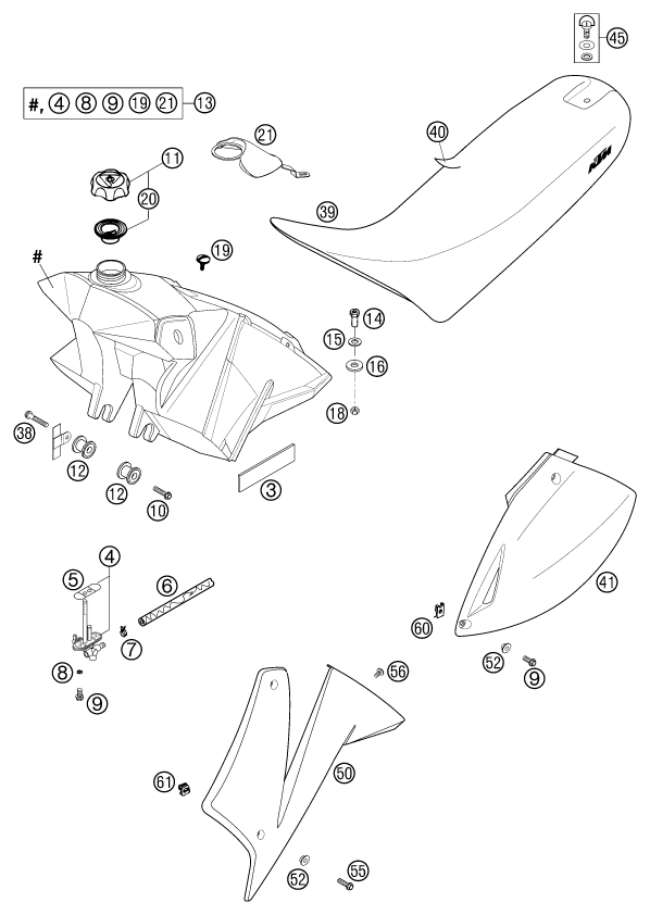Sprängskiss: Tank, Seat – KTM 625 SC 2002