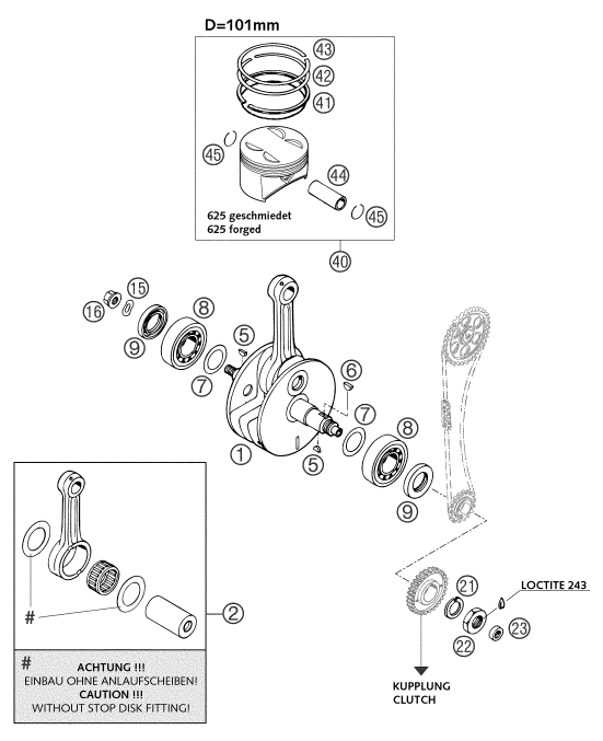 Sprängskiss: Crankshaft, Piston – KTM 625 SC 2002