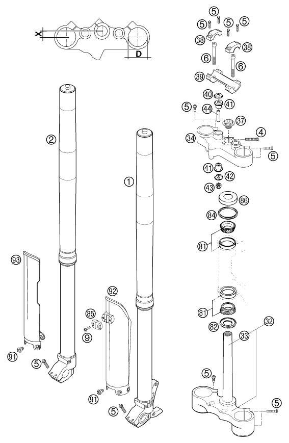 Sprängskiss: Front Fork, Triple Clamp – KTM 640 LC4-E ORANGE 18L 2002