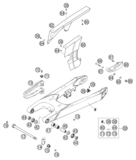 Sprängskiss: Swing Arm – KTM 640 LC4-E ORANGE 18L 2002