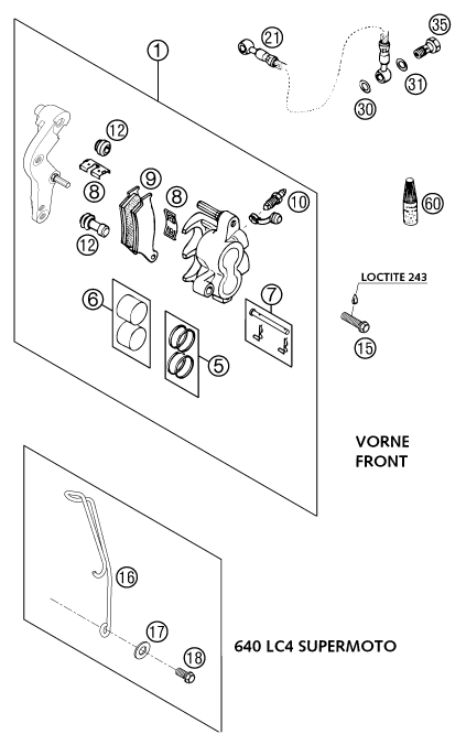 Sprängskiss: Front Brake Caliper – KTM 640 LC4-E ORANGE 18L 2002