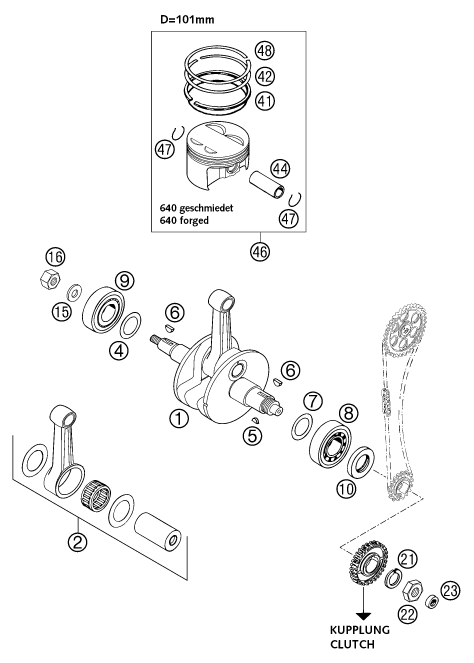 Sprängskiss: Crankshaft, Piston – KTM 640 DUKE II ORANGE 2002
