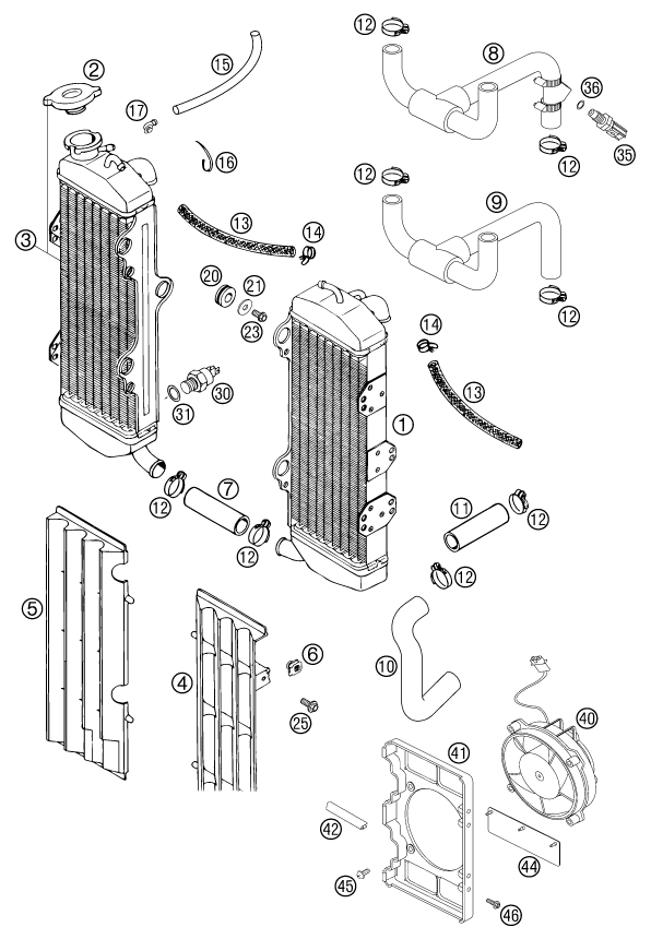 Sprängskiss: Cooling System – KTM 640 DUKE II ORANGE 2002