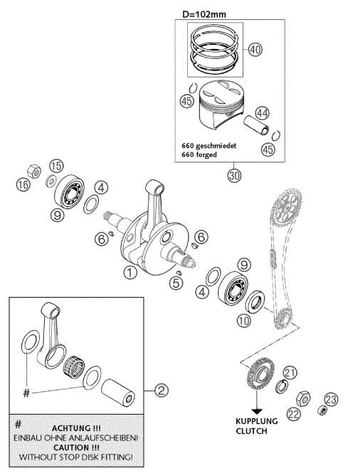 Sprängskiss: Crankshaft, Piston – KTM 660 RALLYE COSTUMER 2004