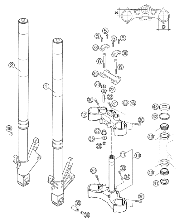 Sprängskiss: Front Fork, Triple Clamp – KTM 640 DUKE II ORANGE 2002