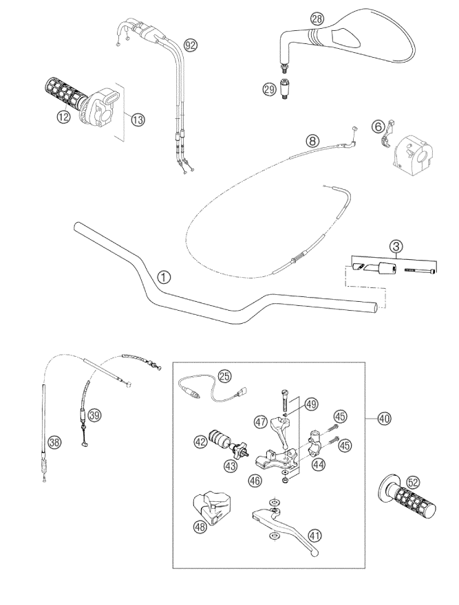 Sprängskiss: Handlebar, Controls – KTM 640 DUKE II ORANGE 2002