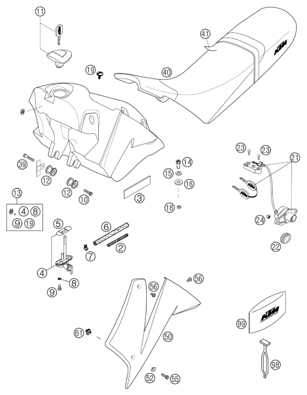 Sprängskiss: Tank, Seat – KTM 640 DUKE II ORANGE 2002